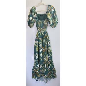 O.P.T Boho Floral Maxi Jungle Dress M Green Smocked Puff Sleeve Cottagecore